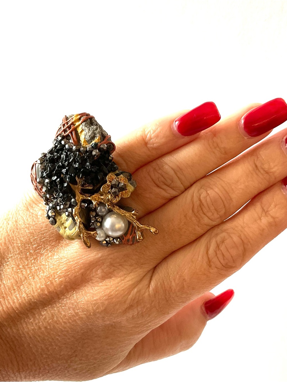 Statement Black Crystal & Pearl Cocktail Ring - Unbranded